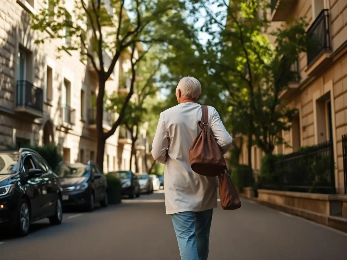 Rue résidentielle bordée d'immeubles, sur le trajet d'une visite de physiothérapie à domicile