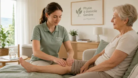 Physiothérapeute réalisant un drainage lymphatique manuel sur la jambe d'une patiente âgée, allongée dans son salon.