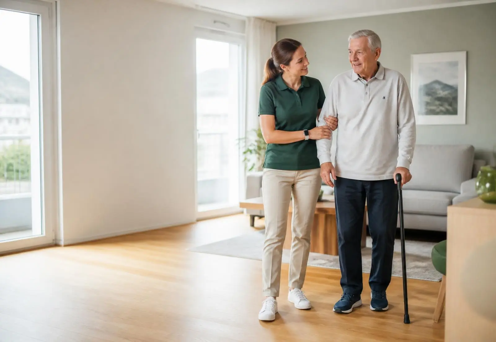 Une physiothérapeute accompagne un homme âgé lors du travail de la marche dans son appartement lumineux
