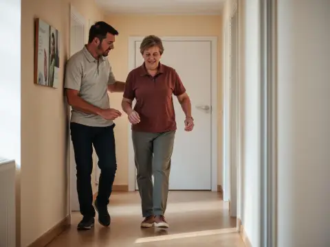 Travail de la marche et de l'équilibre dans le couloir d'un appartement, accompagné par un physiothérapeute.