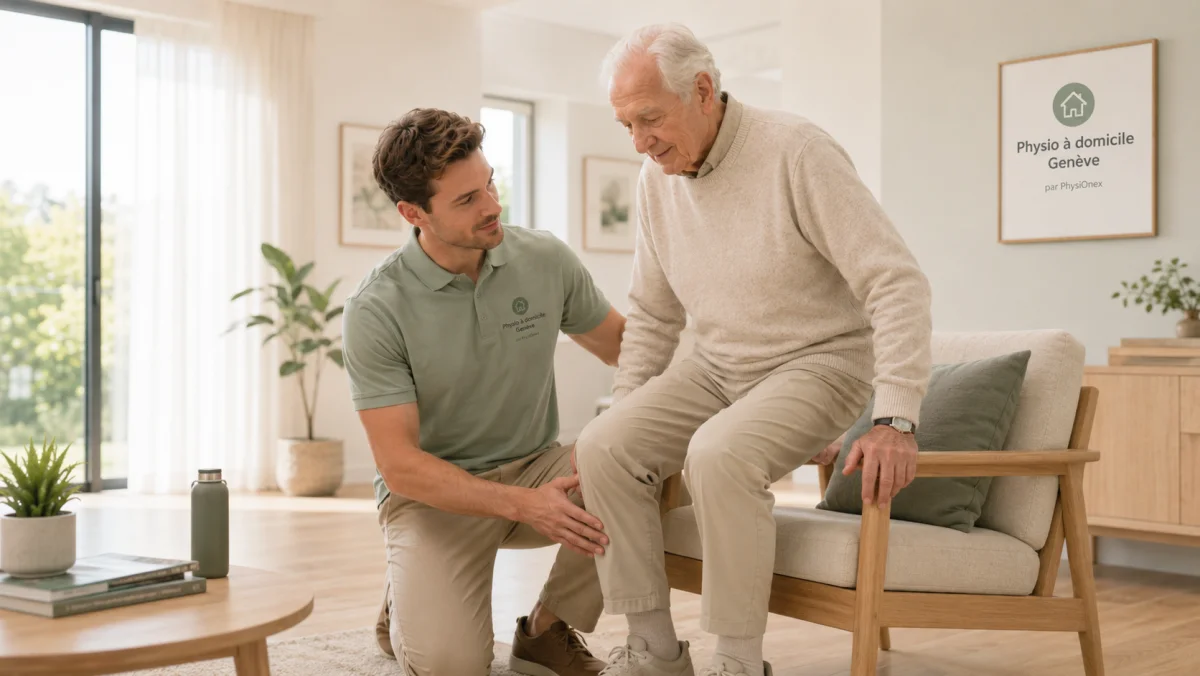 Physiothérapeute évaluant le genou d'un homme âgé assis dans son salon, pour une prise en charge orthopédique à domicile