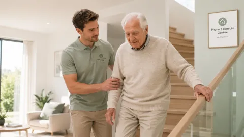 Physiothérapeute accompagnant un homme âgé dans la remontée d'un escalier après une chirurgie orthopédique.
