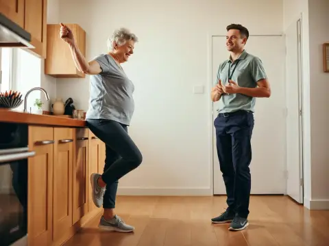 Femme âgée travaillant son équilibre en appui sur un plan de travail, surveillée par un physiothérapeute.