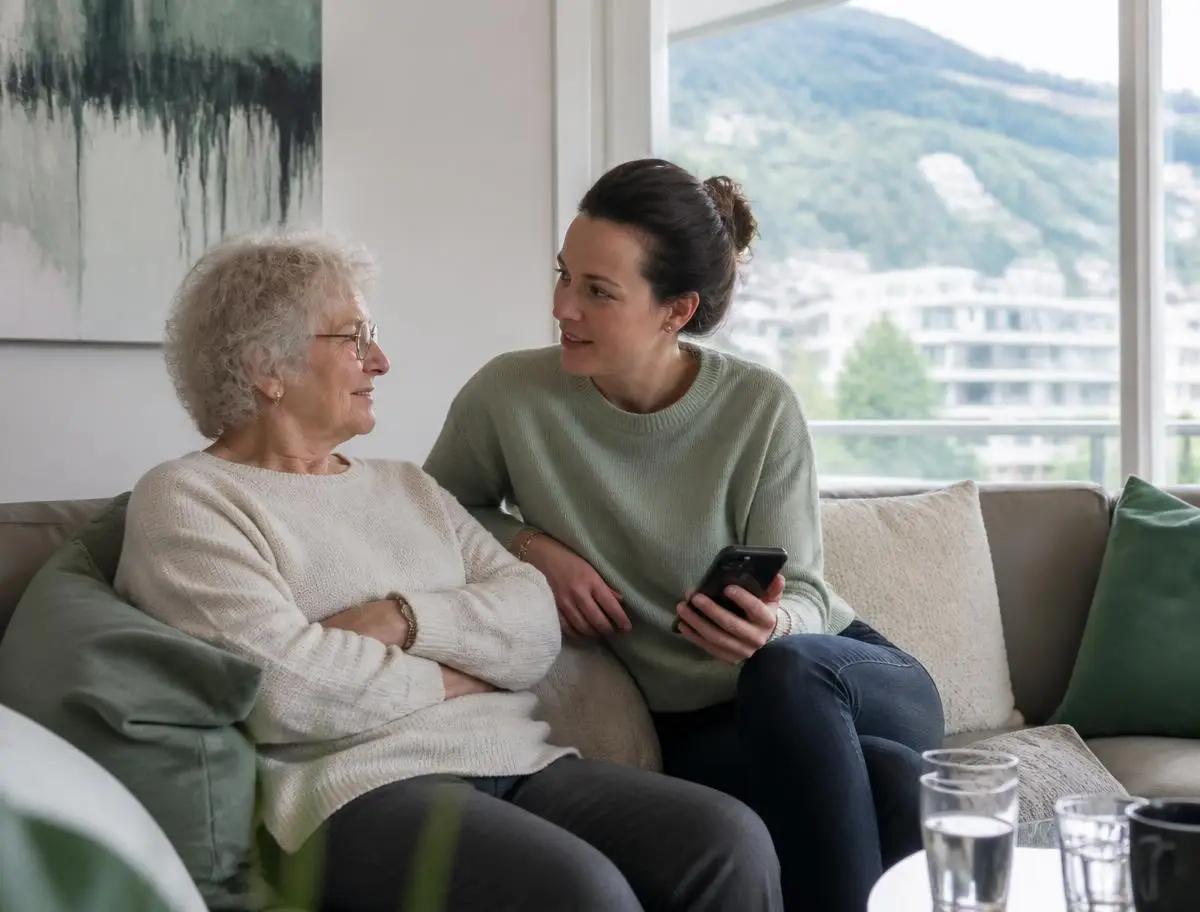 Une femme organise par téléphone la venue d'un physiothérapeute pour sa mère âgée, assises ensemble dans un salon