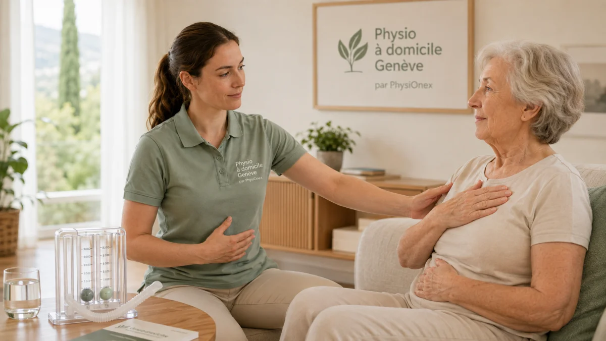 Physiothérapeute guidant une patiente âgée dans un exercice respiratoire abdomino-thoracique, assise dans son salon